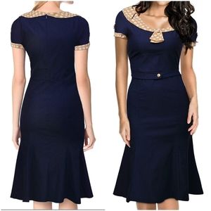 Vintage Pin Up Style Navy Blue Dress - Large